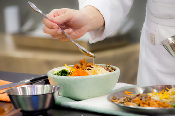 Bibimbap, Korean food, Chef preparing food, meal, chef cooking in kitchen