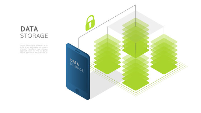 secure data storage concept, smartphone and storage blocks