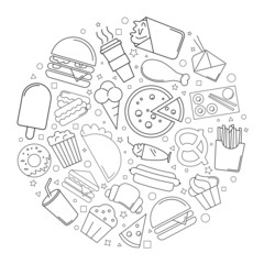 Street food circle background from line icon. Linear vector pattern. Vector illustration