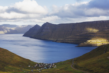 Small town of Gjogv near Fjord in Faroe Islands