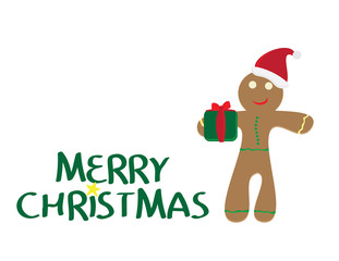 Merry Christmas logo with Yellow star, gingerbread man cookie wearing santa hat,  holding gift on white background
