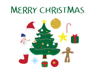 Christmas icons set and Merry Christmas greeting on white background