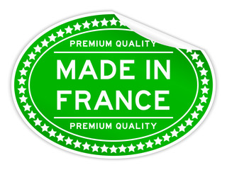 Peel off premium quality made in France word green color oval sticker on white background