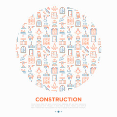 Construction concept in circle with thin line icons: builder in helmet, work tools, brickwork, floor plan, plumbing, drill, trowel, traffic cone, stepladder. Vector illustration, print media template.