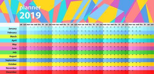 Calendar wall planner for the 2019 year. Colorful vector set. Template for your design