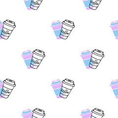 Coffee to go. Disposable cup seamless pattern in doodle style.