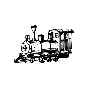 Toy locomotive hand drawn illustration in engraved style. Vector Christmas background for greeting card, poster template