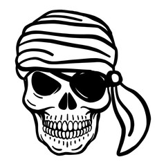 hand drawn vector pirate skull. Pistols, shawls, pirate hat, eye patch, headscarf