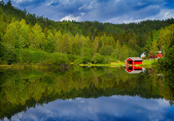 Landscape with vibrant colour in sky, green forest and calm tranquil reflections in water, beauty in nature