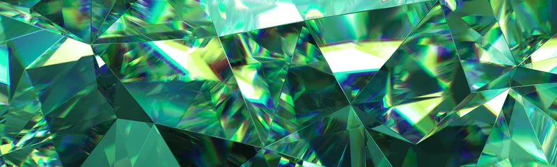 Fotobehang Hal 3D render, abstracte groene kristalachtergrond, gefacetteerde textuur, smaragdgroene edelsteenmacro, panorama, breed panoramisch veelhoekig behang