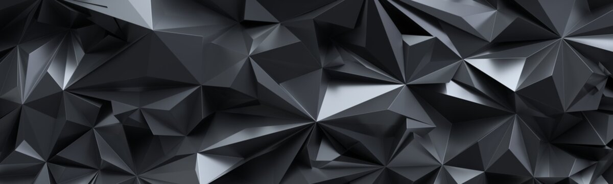 3d render, abstract black crystal background, faceted texture, macro panorama, wide panoramic polygonal wallpaper © wacomka