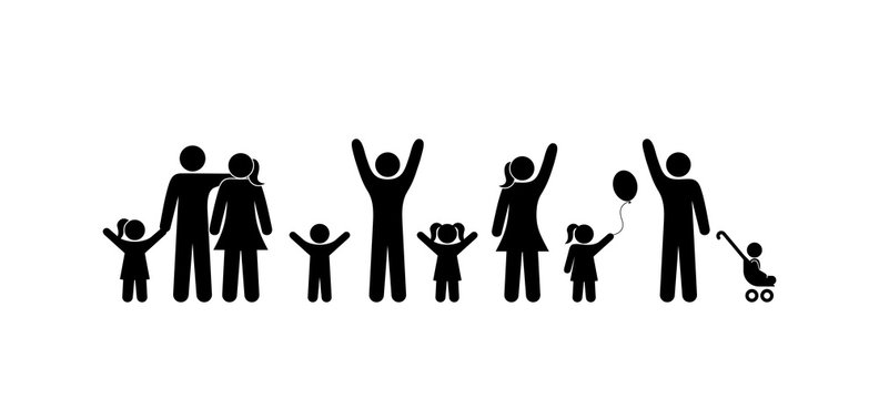 people stand, family man, woman, child, children raised their hands up, stick figure person, icon silhouette human, symbol man, pictogram