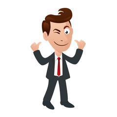 Un personnage mascotte se présente comme candidat en se montrant du doigt