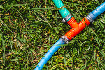  Plastic water pipe and sprinkler  on green grass of a garden 
