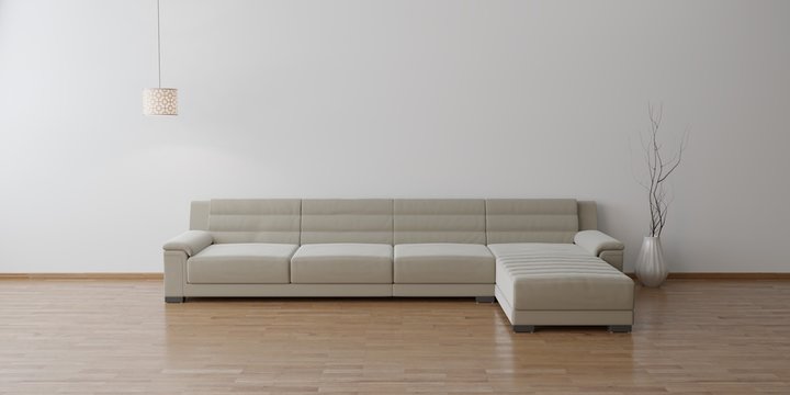 Idea of an empty minimalism living room interior with chair,sofa on the wooden floor - 3D render