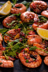 Fried Prawns with pepper, garlic and lemon. Mediterranean cuisine. Asian cuisine.