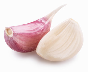 Peeled and unpeeled garlic cloves on white background.
