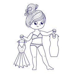 Cute girl for coloring book. Girl chooses a dress. Line art design.Isolated on white background.Vector illustration