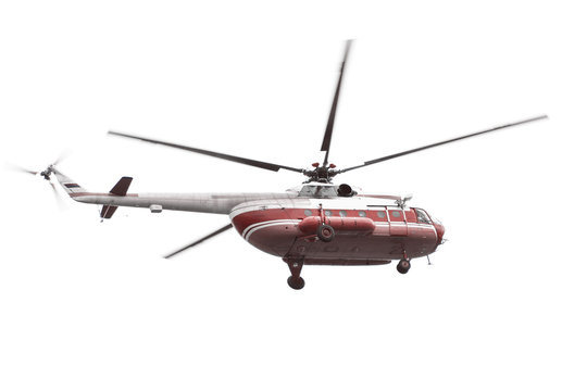 Helicopter with red fuselage isolated on white background