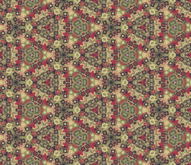 Fototapeta na wymiar Kaleidoscope abstract seamless pattern, background. Composed of colored geometric shapes. Useful as design element for texture and artistic compositions.