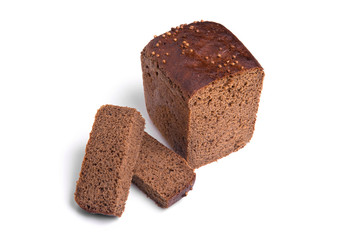 Pieces of black bread isolated on white background close-up