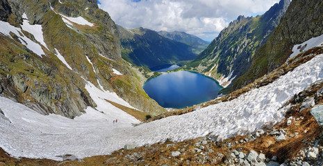 Morskie Oko. High Tatras, Poland, May 27, 2018. Beautiful landscape of snowy mountain tops and the lake between them. © volff