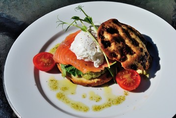 Smoked salmon on toast with avocado and poached egg