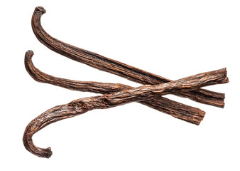 Dried vanilla pods on white background.