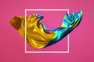 3d render, abstract fashion background, creative wallpaper, unveiling multicolor textile, iridescent holographic foil, folded cloth falling, isolated on pink