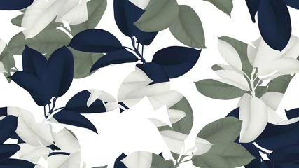 Schilderijen op glas Floral seamless pattern, blue, green and white Ficus Elastica / rubber plant on white background © momosama