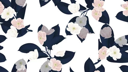 Fototapeten Floral seamless pattern, dark blue Ficus Elastica / rubber plant and pink anemone flowers on white background © momosama