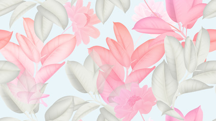 Floral seamless pattern, pink and white Ficus Elastica / rubber plant and pink paenia lactiflora flowers on light blue background