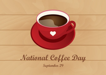 National Coffee Day vector. Red mug of coffee on a wooden background. Vector illustration of coffee. Important day