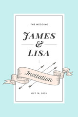 Wedding Invitation. Vintage wedding invitation for marriage. Greeting post card with old school engraved ribbon for marriage. Colorful classic design of wedding greeting card. Vector illustration