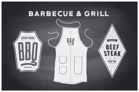 Barbecue, grill set. Poster bbq diagram and scheme - barbecue grill tools. Set of bbq stuff, apron, brand label, logo of steak grill house. Black chalkboard, hand drawn, chalk. Vector illustration