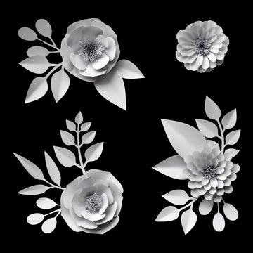3d render, digital illustration, white paper flowers, design elements collection, clip art set, isolated on black background