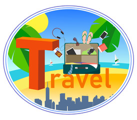 Illustration in flat style with text and suitcase for travel, city, sea, resort, palm leaves.