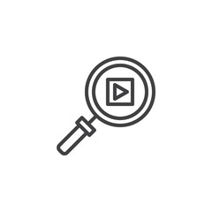 Multimedia search outline icon. linear style sign for mobile concept and web design. Magnifying glass and video play simple line vector icon. Symbol, logo illustration. Pixel perfect vector graphics