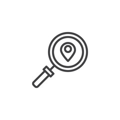 Search location pin outline icon. linear style sign for mobile concept and web design. Map pin and magnifying glass simple line vector icon. Symbol, logo illustration. Pixel perfect vector graphics