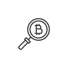 Magnifying Glass and Bitcoin outline icon. linear style sign for mobile concept and web design. cryptocurrency search simple line vector icon. Symbol, logo illustration. Pixel perfect vector graphics