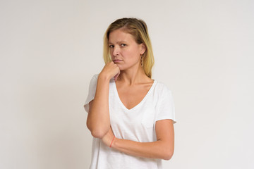 Portrait of a beautiful girl on a white background.