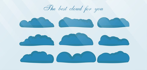 Set of the best cloud isolated on blue background with text space and light.