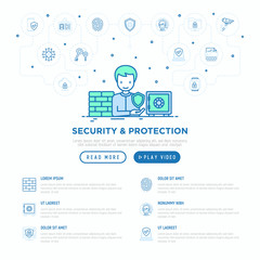Security and protection concept with thin line icons: mobile security, fingerprint, badge, firewall, face ID, secure folder, surveillance camera, shredder. Vector illustration, web page template.