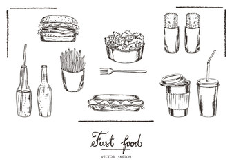 Vector illustration. Chalk style vector sketch. Fast food set : burger, fries, hot dog, salad, patties, bottles of soda and cup of coffee.