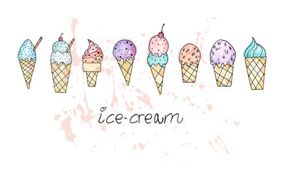 Vector illustration. Stylized ice cream set. Print design element. Cute vector objects.