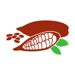 Flat Whole and cracked Ripe Cocoa pod fruit, beans, leaves with place for text premium product. Vertical label.