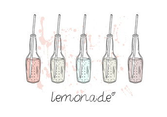 Vector illustration. Colored bottles of lemonade. Print design element. Cute vector objects.