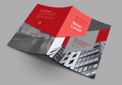 Bifold Brochure Layout with Abstract Elements and Red Accents