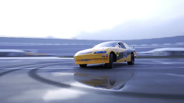 High speed racing car driving and drifting without smoke around racing track.
