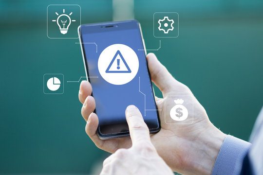 Businessman press button attention security on phone virtual electronic web user interface.